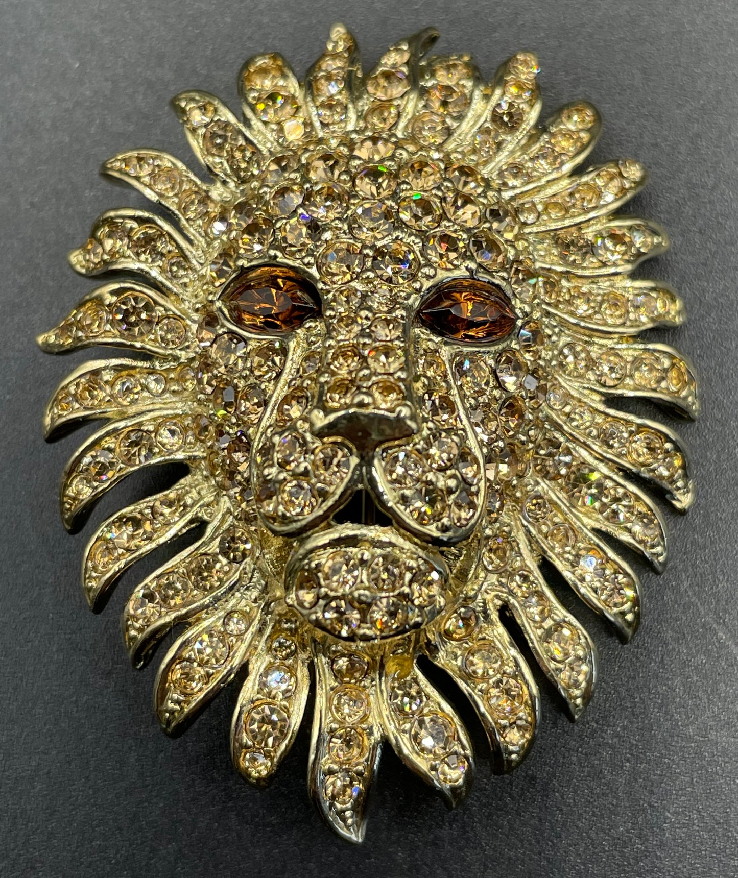 Vintage Attwood and Sawyer (A&S) large rhinestone lion brooch - signed, 22ct gold-plated, champagne and topaz colour stones