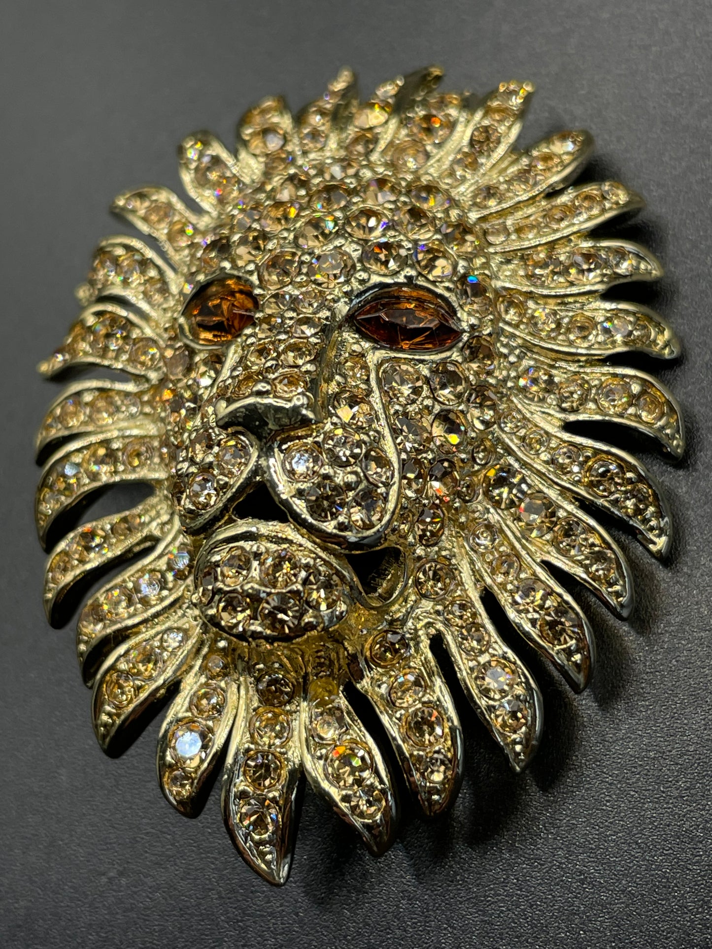 Vintage Attwood and Sawyer (A&S) large rhinestone lion brooch - signed, 22ct gold-plated, champagne and topaz colour stones