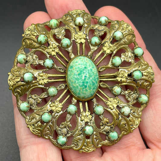 Huge vintage Art Deco green Peking glass cabochon Czech brooch in gold tone filigree