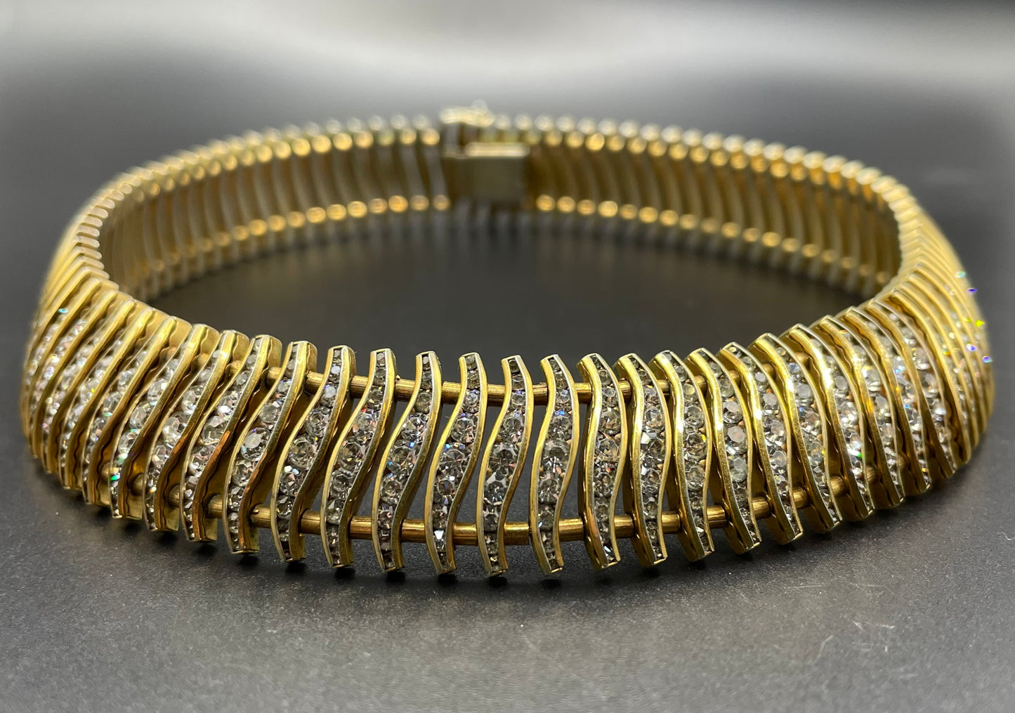 Vintage Schreiber and Hiller Art Deco channel set paste and gold tone choker cocktail necklace (unsigned)