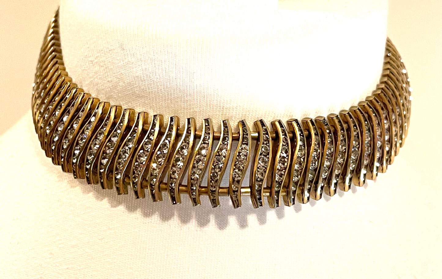 Vintage Schreiber and Hiller Art Deco channel set paste and gold tone choker cocktail necklace (unsigned)