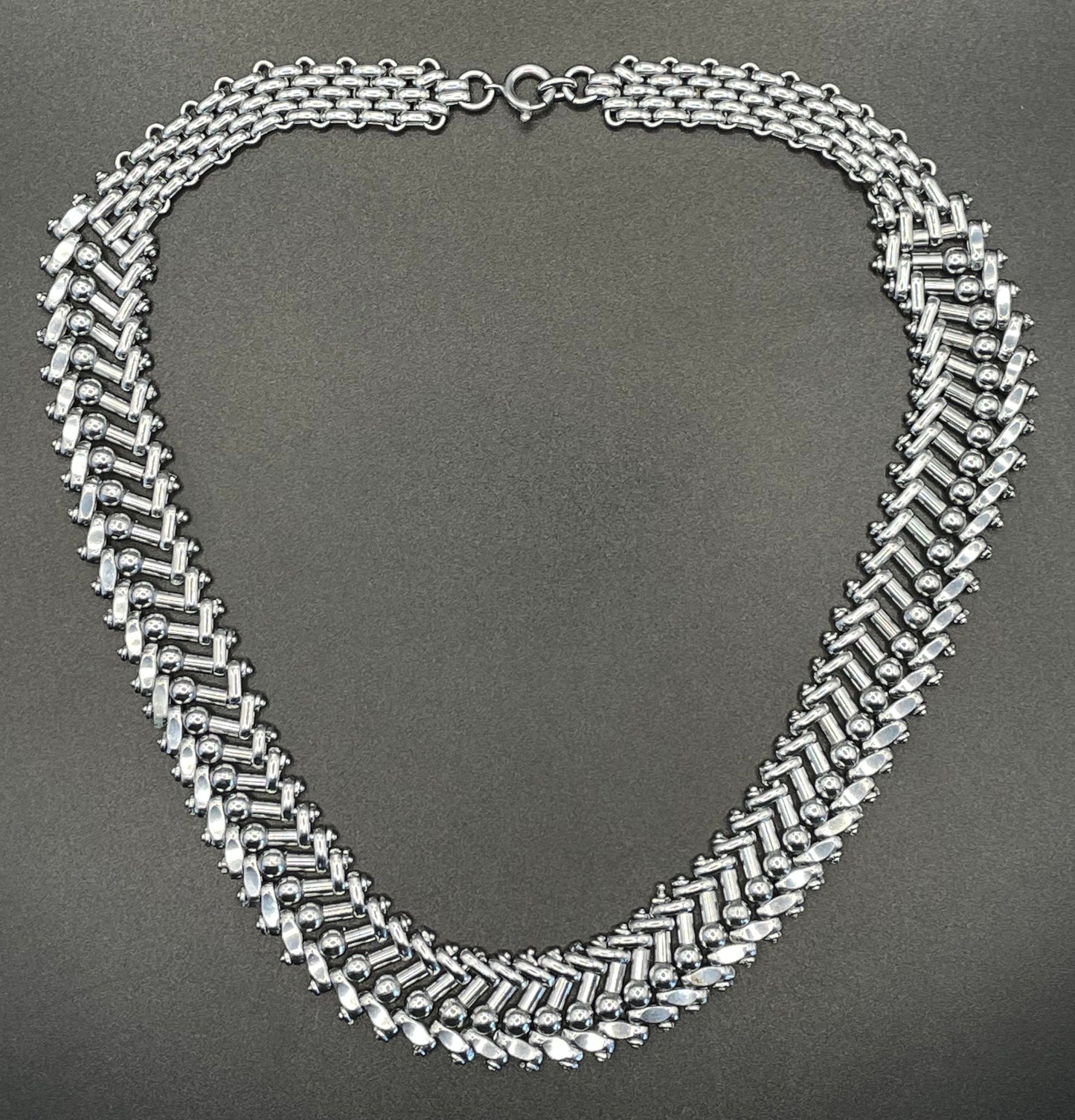 Vintage Jakob Bengel Art Deco brickwork / mauerwerk machine age chrome choker necklace, unusual design, excellent condition