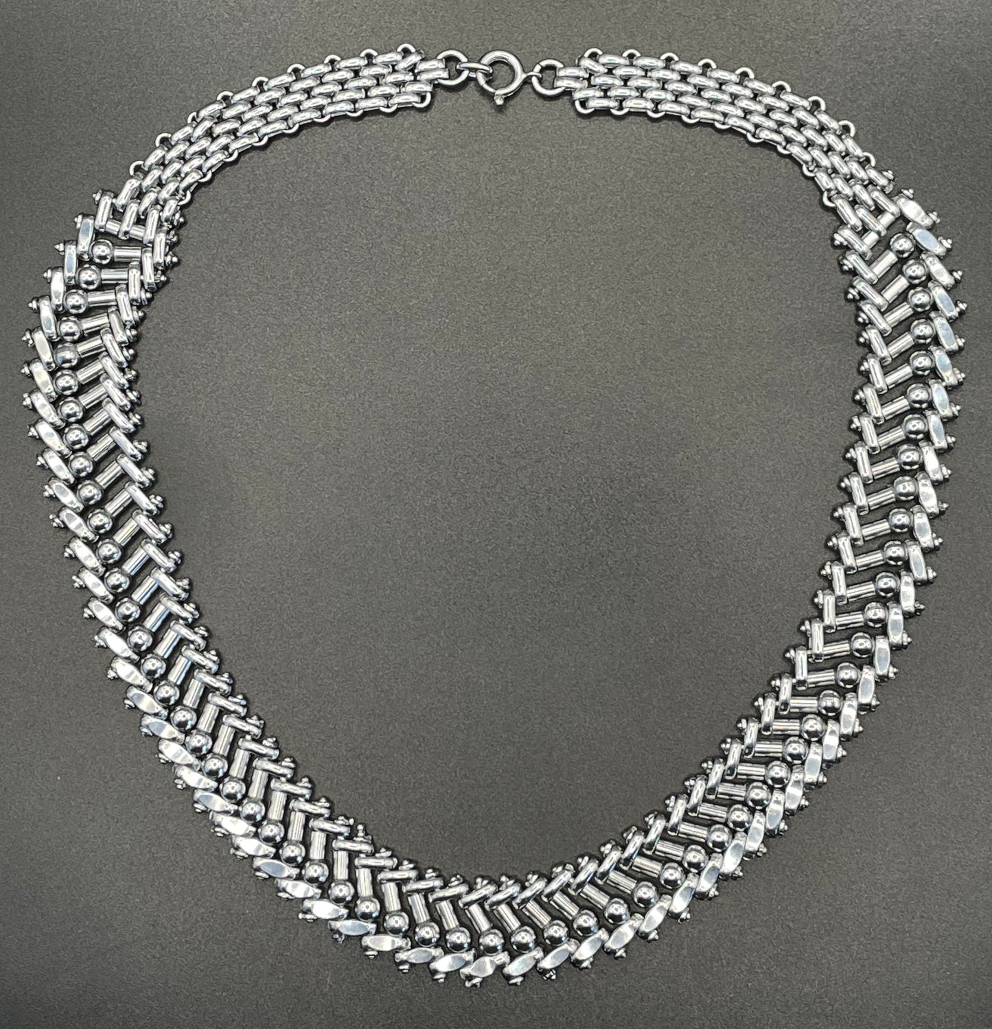 Vintage Jakob Bengel Art Deco brickwork / mauerwerk machine age chrome choker necklace, unusual design, excellent condition