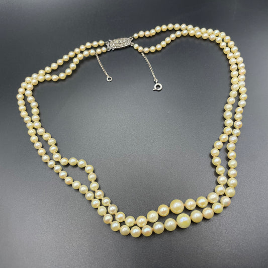 Vintage real cultured pearl double stranded necklace, graduated in size, hand-knotted, pretty sterling silver and marcasite fish hook clasp