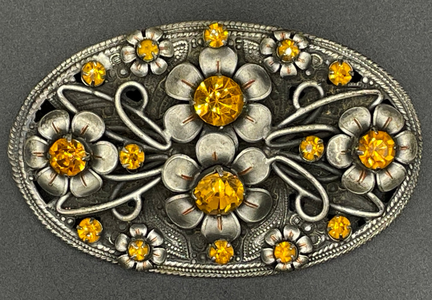 Large vintage Art Deco Czech rhinestone brooch, topaz orange / citrine yellow paste stones in a gorgeous floral design