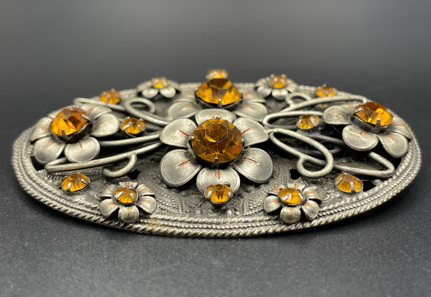 Large vintage Art Deco Czech rhinestone brooch, topaz orange / citrine yellow paste stones in a gorgeous floral design