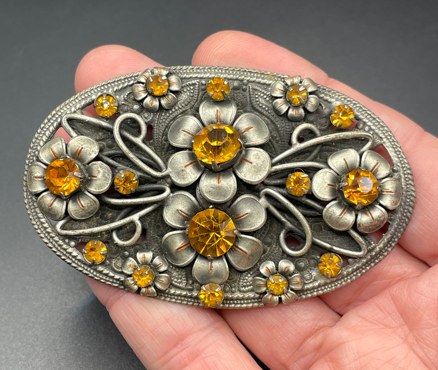 Large vintage Art Deco Czech rhinestone brooch, topaz orange / citrine yellow paste stones in a gorgeous floral design