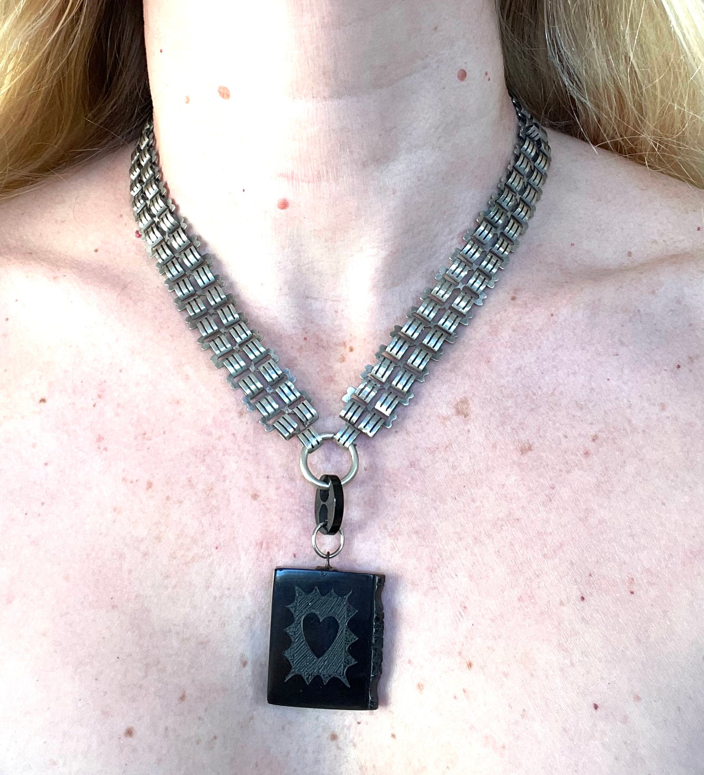 Antique Victorian silver plated heavy bookchain necklace with carved Whitby jet book design pendant