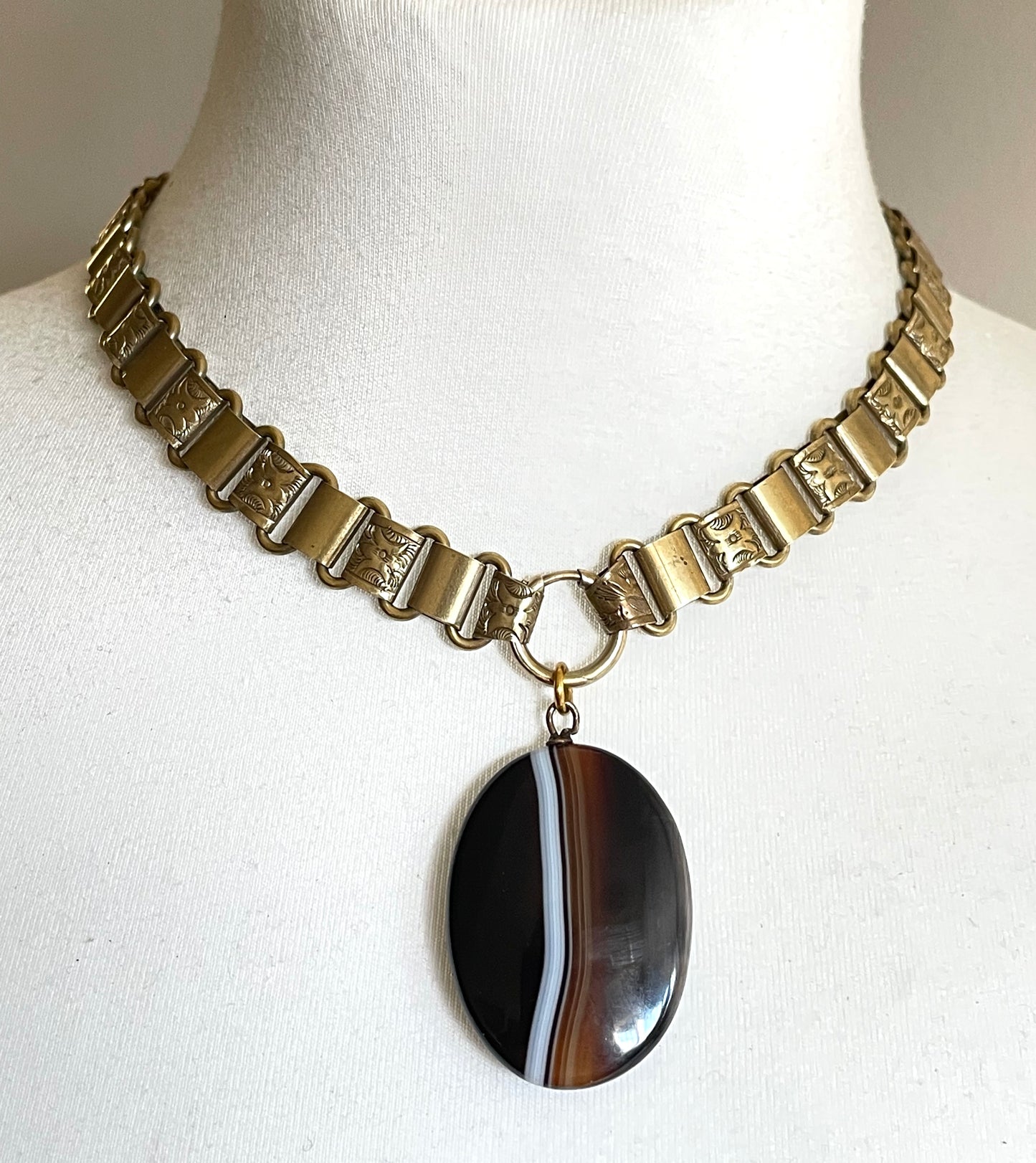 Antique Victorian gold plated or rolled gold bookchain necklace with large oval bullseye agate pendant and bangle set