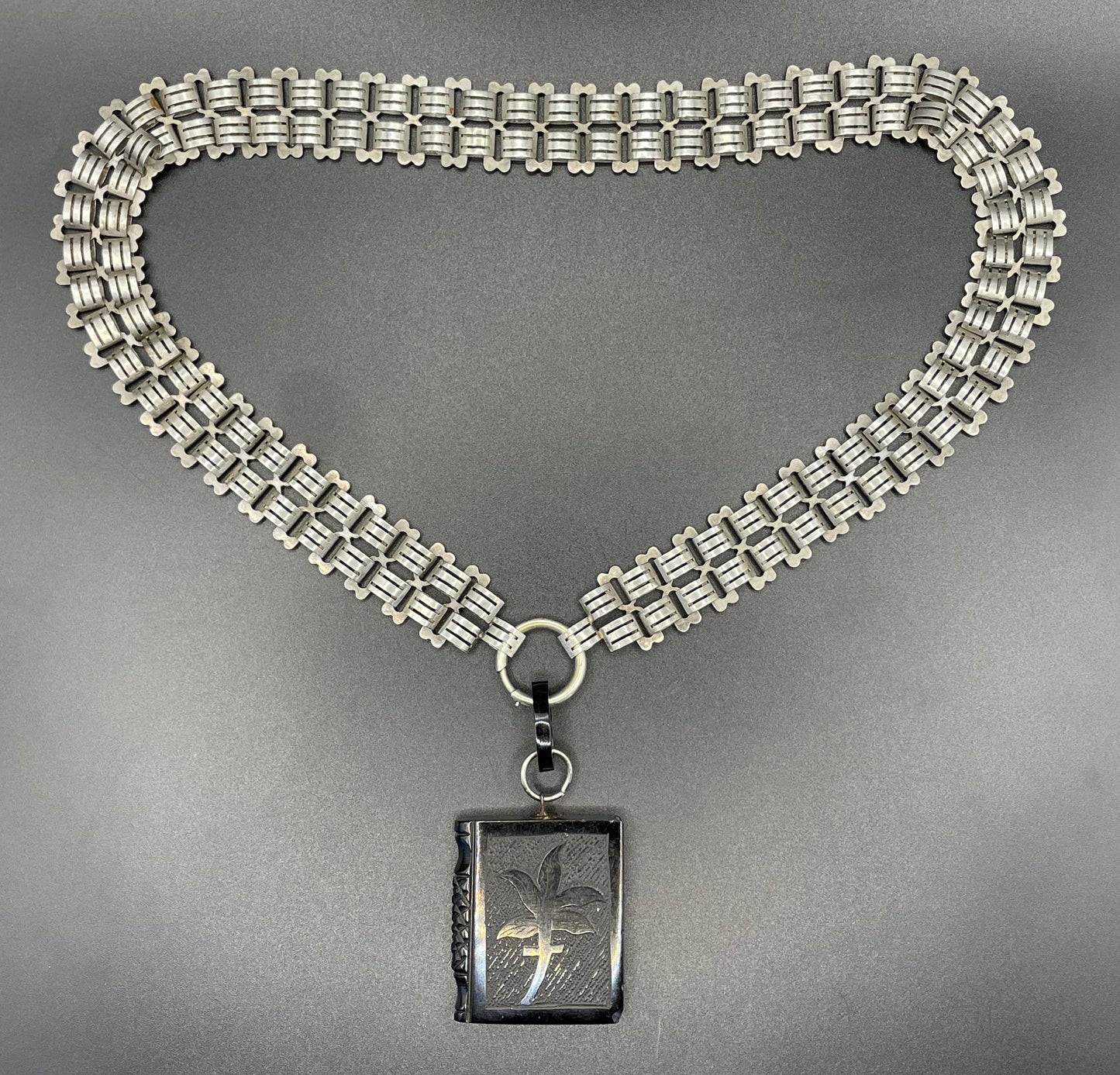 Antique Victorian silver plated heavy bookchain necklace with carved Whitby jet book design pendant