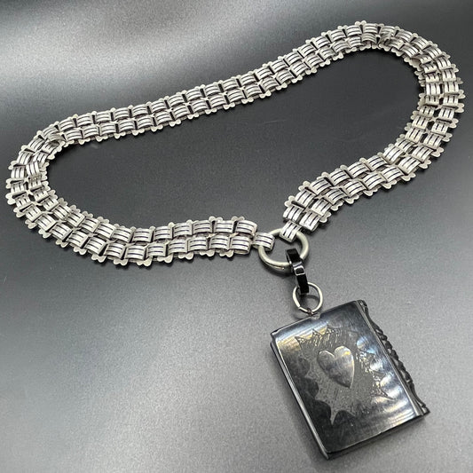 Antique Victorian silver plated heavy bookchain necklace with carved Whitby jet book design pendant