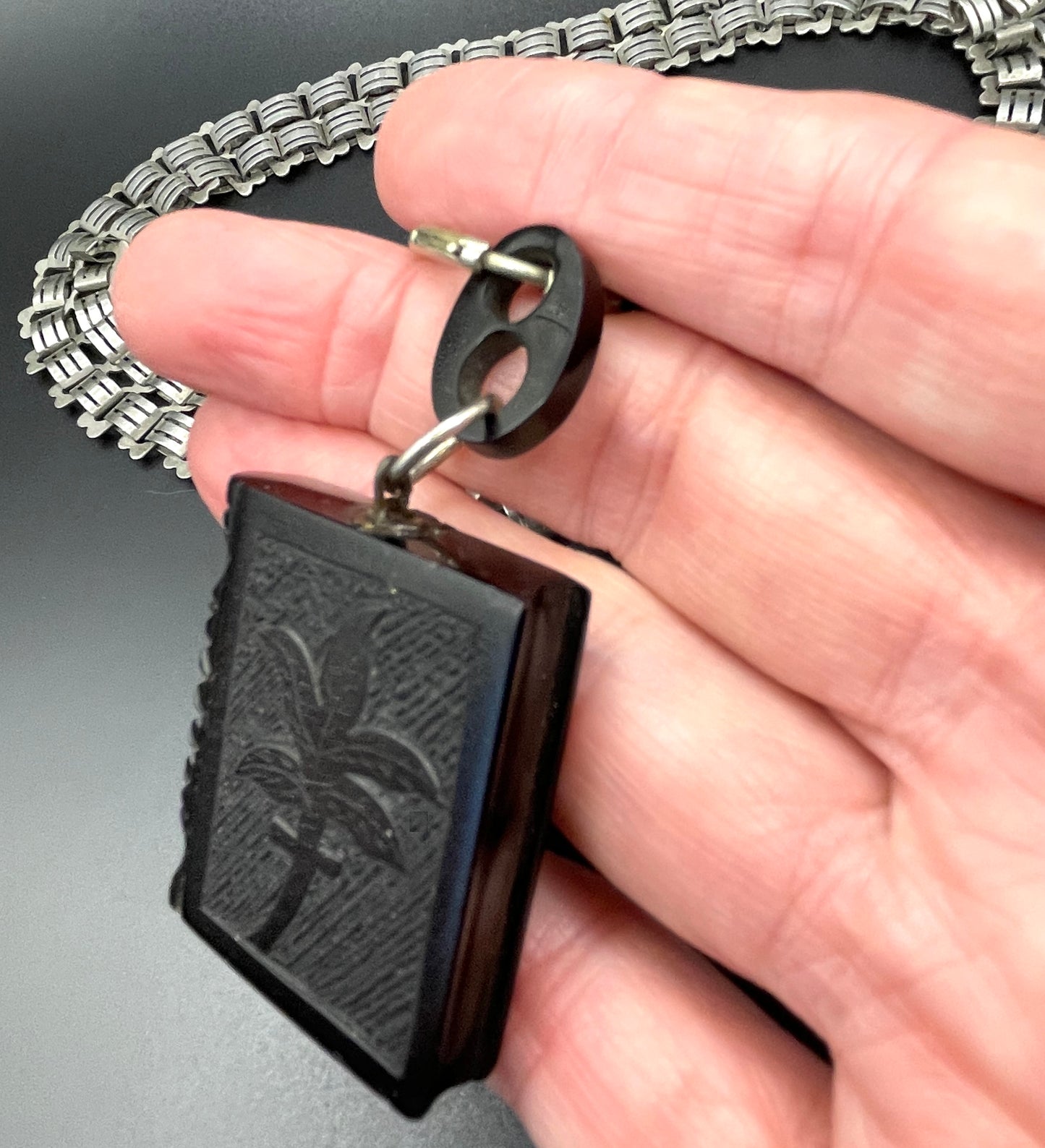 Antique Victorian silver plated heavy bookchain necklace with carved Whitby jet book design pendant