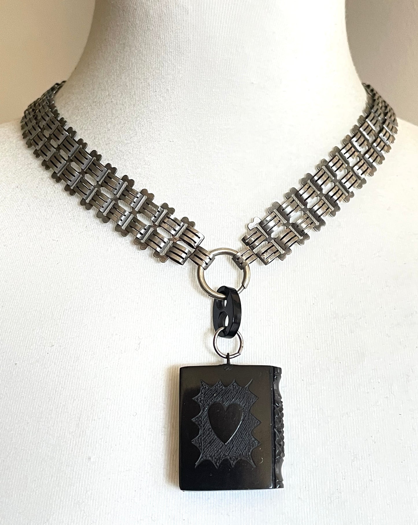 Antique Victorian silver plated heavy bookchain necklace with carved Whitby jet book design pendant