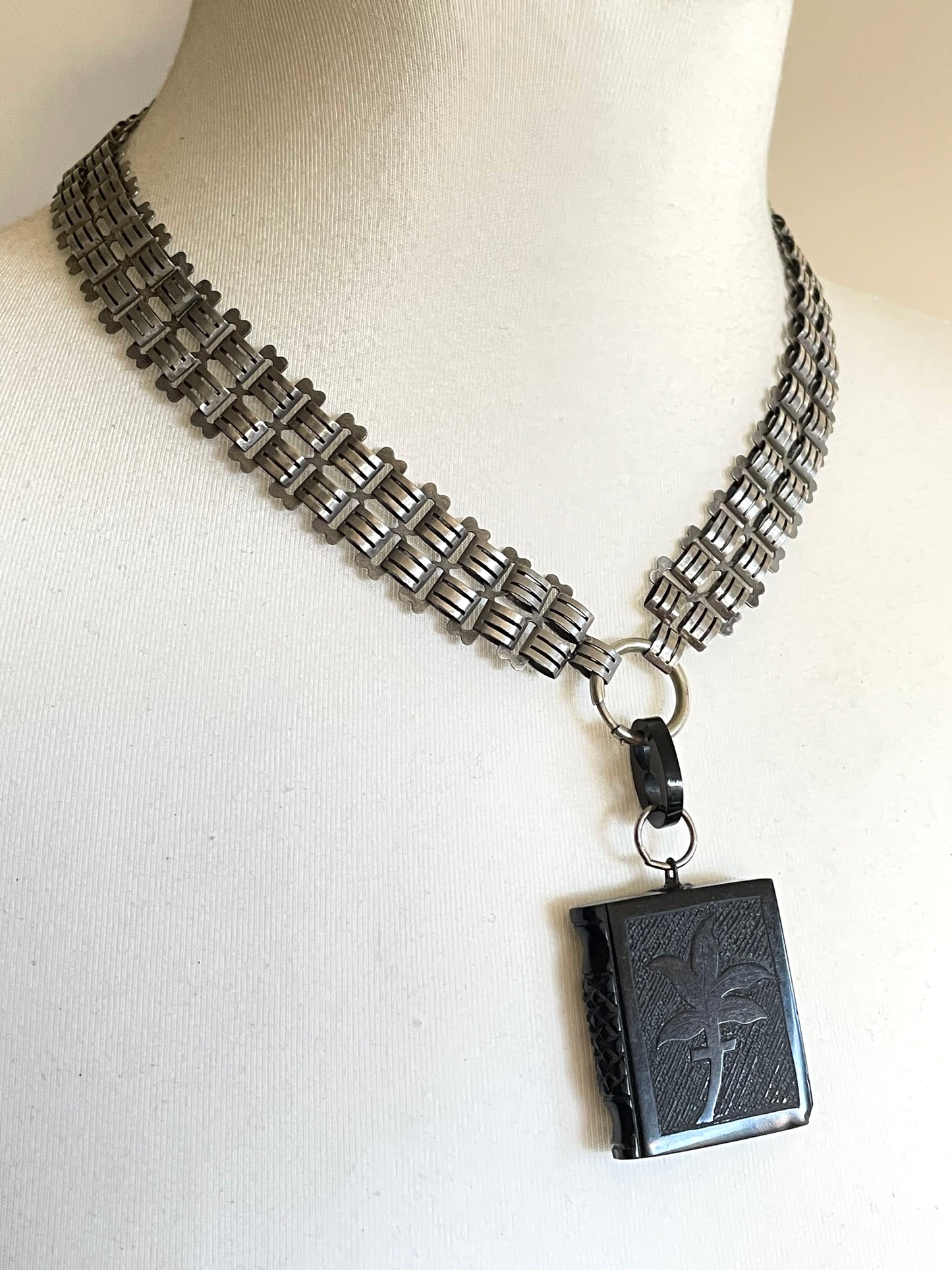 Antique Victorian silver plated heavy bookchain necklace with carved Whitby jet book design pendant