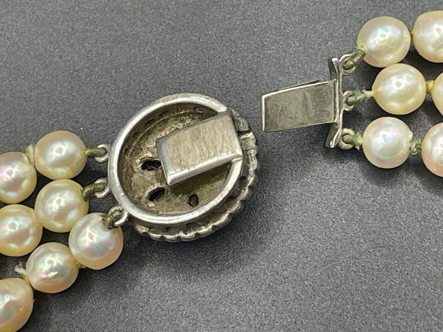 Antique / vintage real cultured pearl triple strand choker necklace, hand-knotted in box, pretty silver, ruby & clear paste box clasp 64g