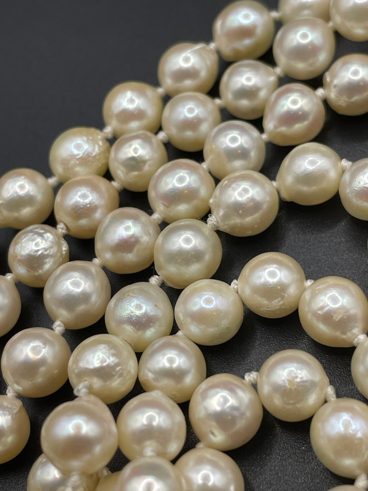 Antique / vintage real cultured pearl triple strand necklace, hand-knotted, in box, pretty silver with emerald green & clear paste box clasp