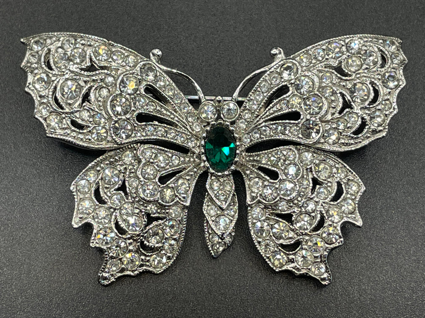 Vintage Attwood and Sawyer A&S signed butterfly brooch, clear pave rhinestone encrusted, emerald green rhinestone and silver tone