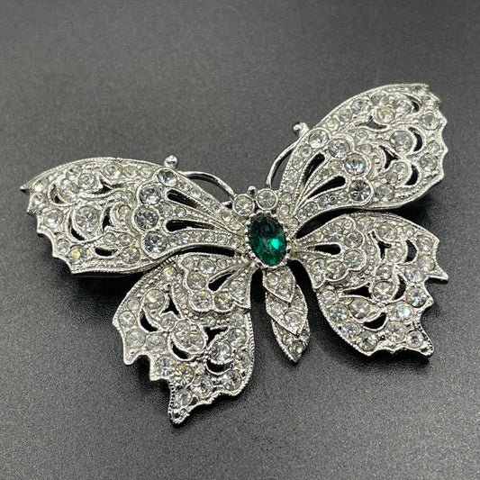 Vintage Attwood and Sawyer A&S signed butterfly brooch, clear pave rhinestone encrusted, emerald green rhinestone and silver tone