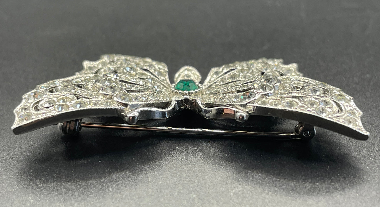 Vintage Attwood and Sawyer A&S signed butterfly brooch, clear pave rhinestone encrusted, emerald green rhinestone and silver tone