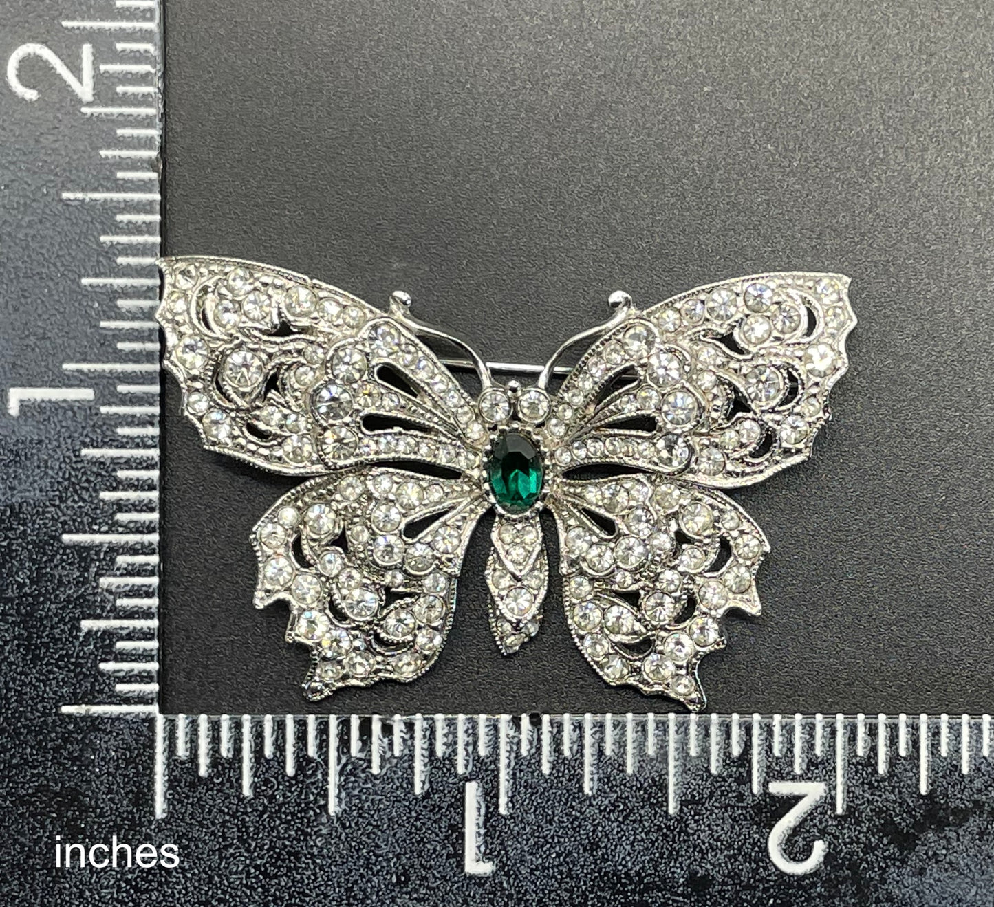 Vintage Attwood and Sawyer A&S signed butterfly brooch, clear pave rhinestone encrusted, emerald green rhinestone and silver tone