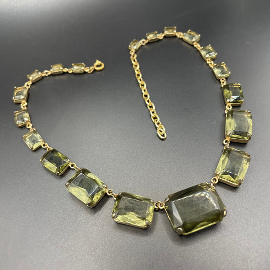 Vintage Art Deco peridot green khaki / grey crystal riviere necklace, baguette cut paste rhinestones, bezel set with open backs