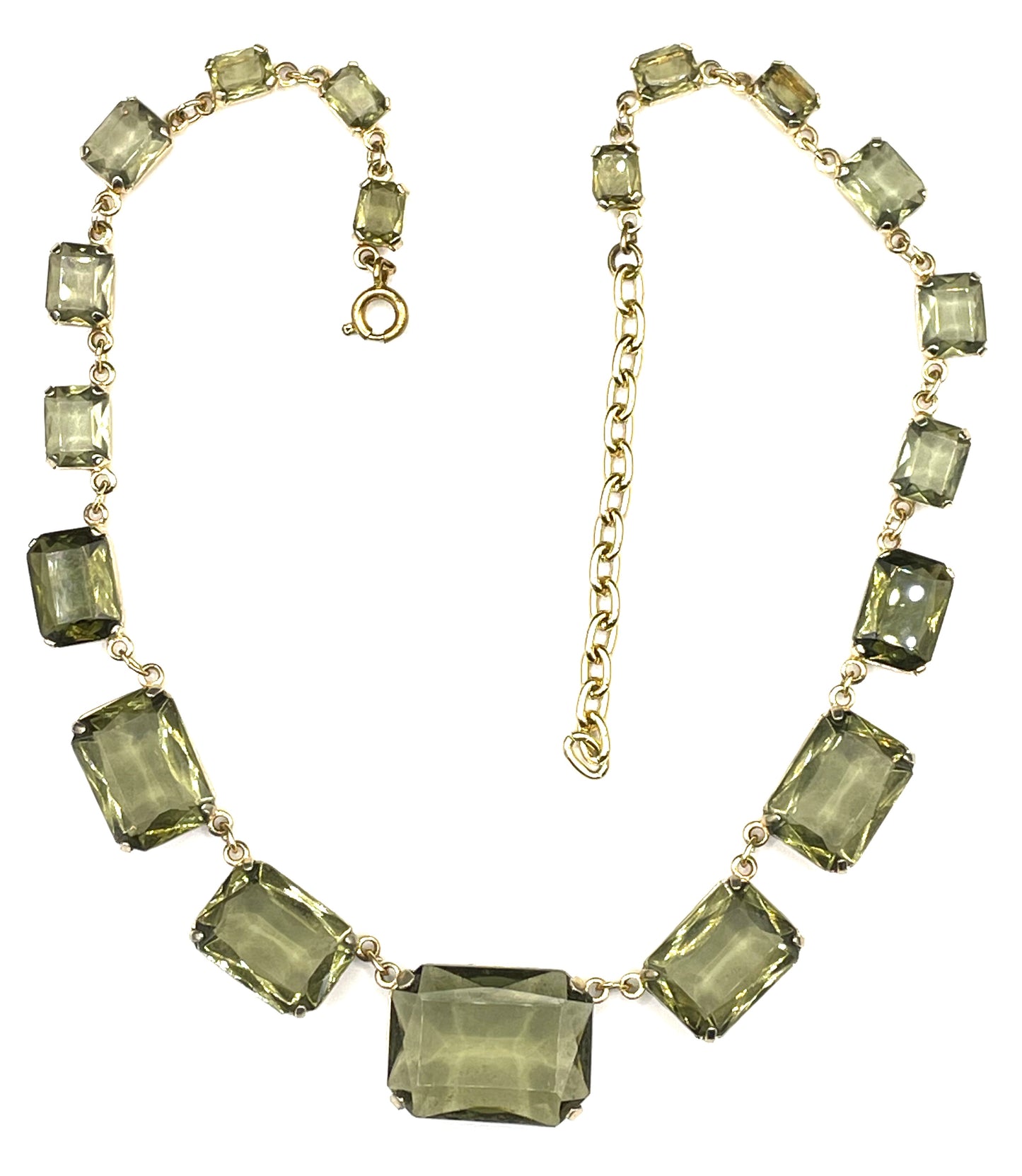 Vintage Art Deco peridot green khaki / grey crystal riviere necklace, baguette cut paste rhinestones, bezel set with open backs