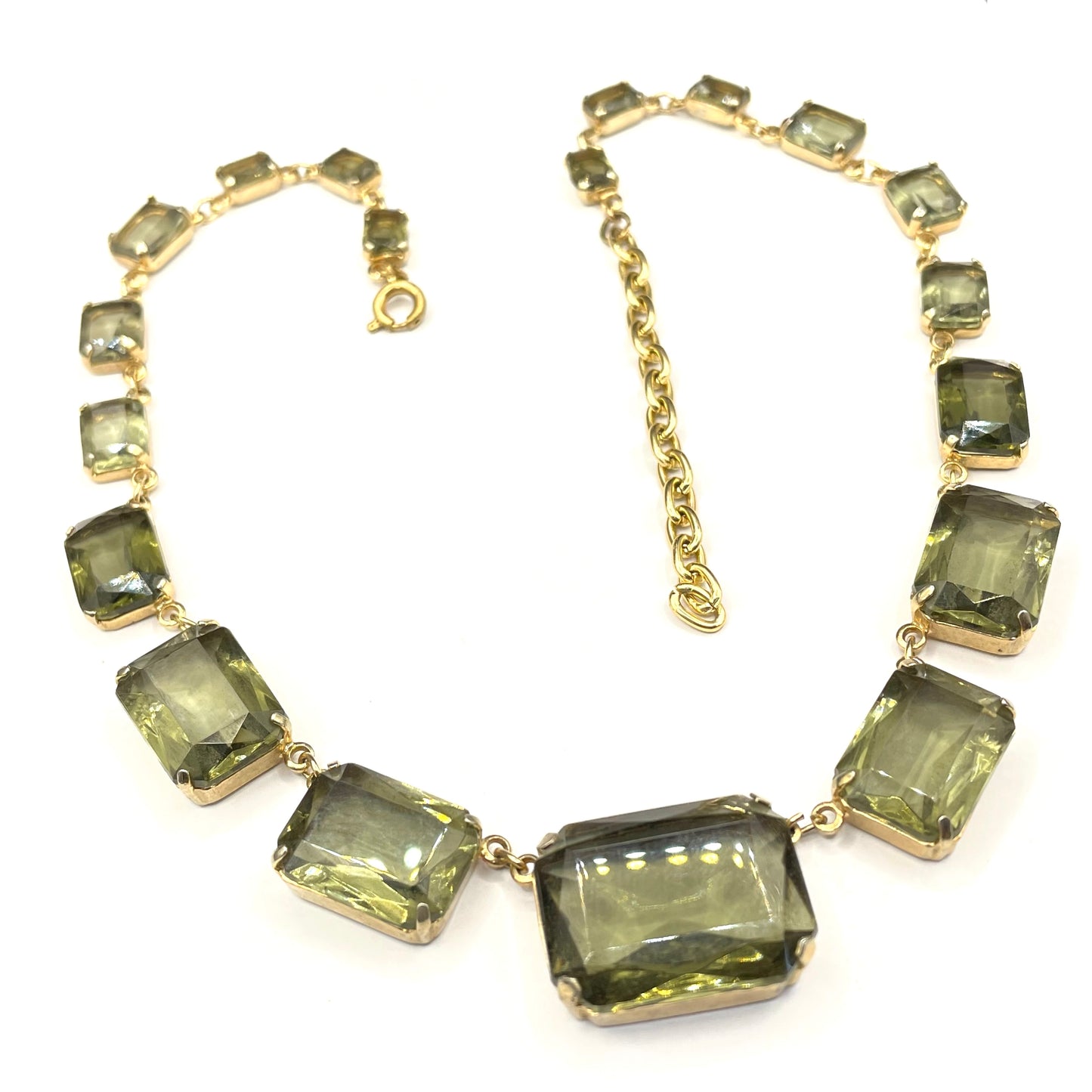 Vintage Art Deco peridot green khaki / grey crystal riviere necklace, baguette cut paste rhinestones, bezel set with open backs