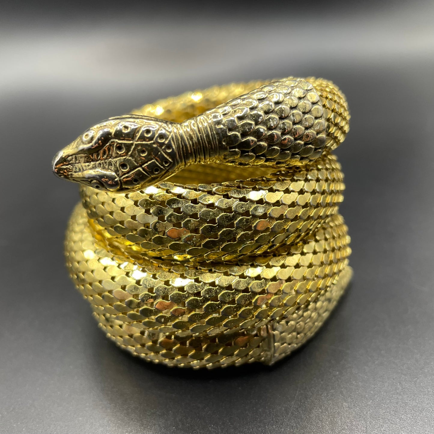 Vintage Whiting and Davis signed triple coil shiny gold tone mesh snake bangle, iconic design