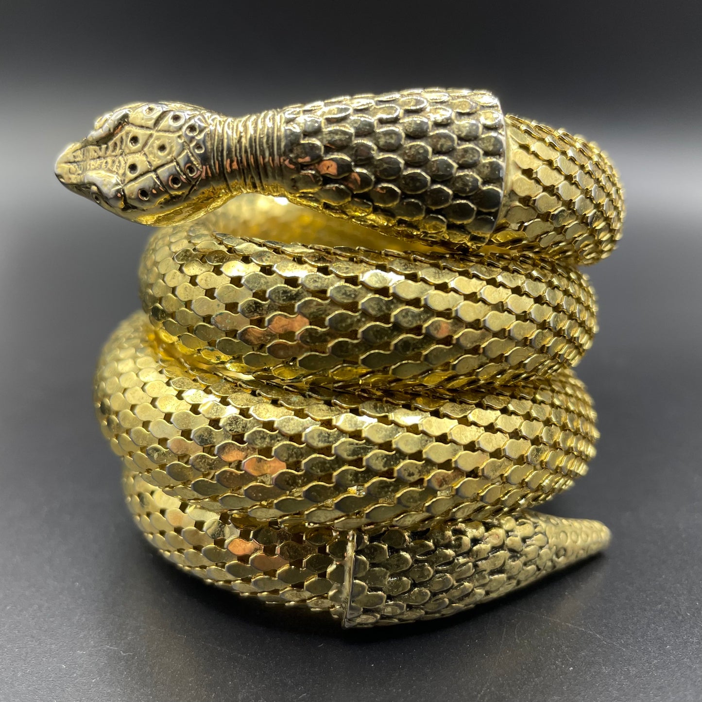 Vintage Whiting and Davis signed triple coil shiny gold tone mesh snake bangle, iconic design