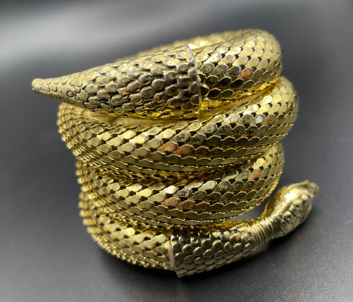 Vintage Whiting and Davis signed triple coil shiny gold tone mesh snake bangle, iconic design