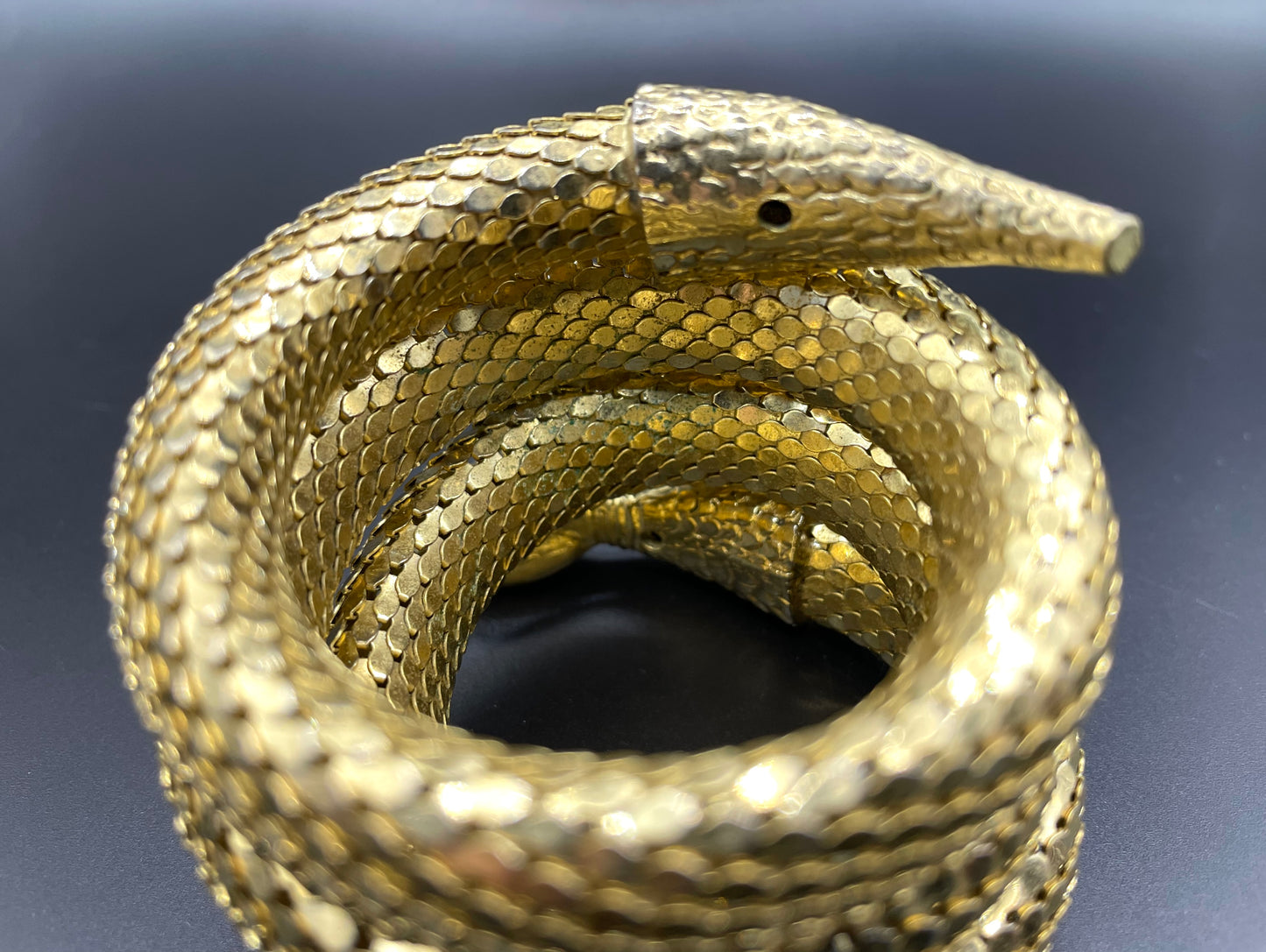 Vintage Whiting and Davis signed triple coil shiny gold tone mesh snake bangle, iconic design