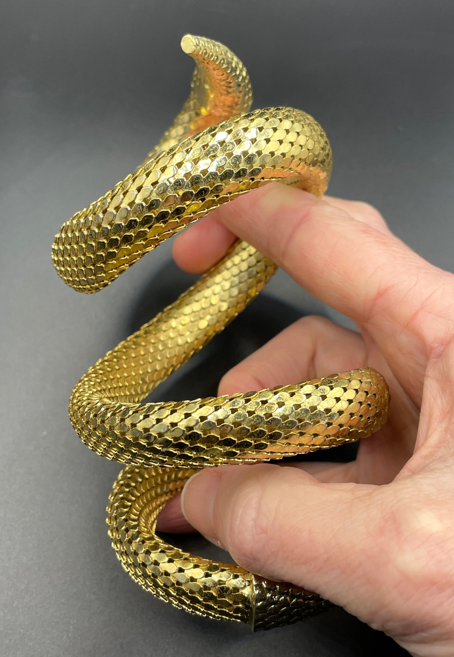 Vintage Whiting and Davis signed triple coil shiny gold tone mesh snake bangle, iconic design