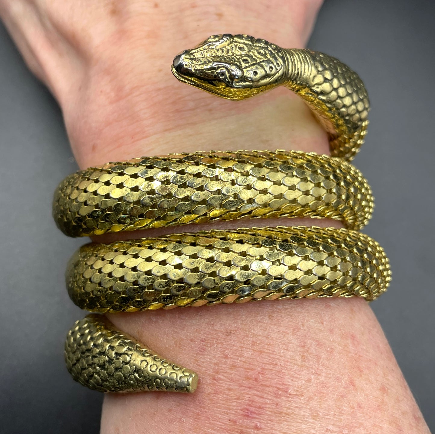 Vintage Whiting and Davis signed triple coil shiny gold tone mesh snake bangle, iconic design