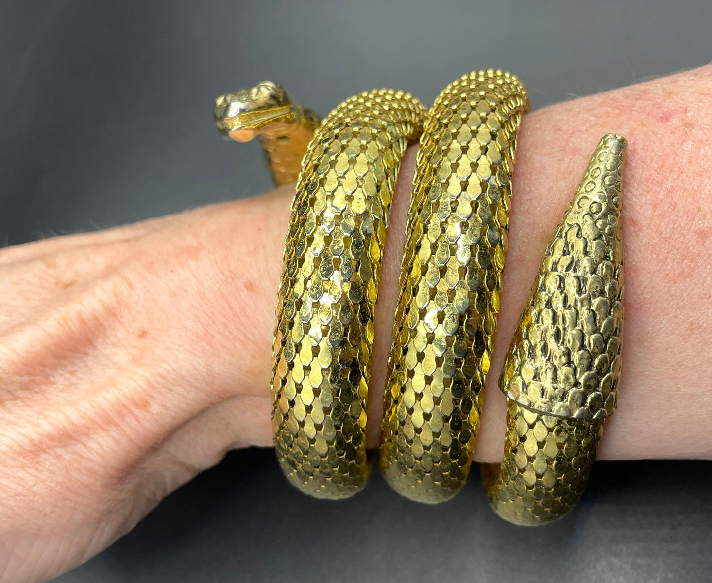 Vintage Whiting and Davis signed triple coil shiny gold tone mesh snake bangle, iconic design