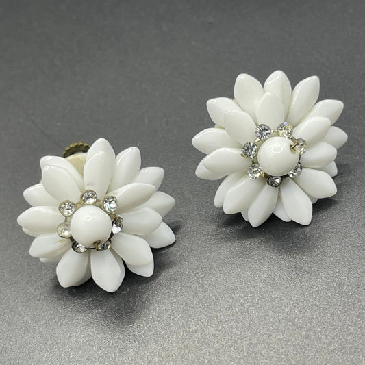 Vintage milk / milch white moulded glass with rhinestone daisy flower screw back earrings