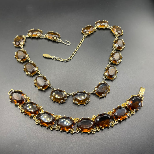 Vintage Sphinx smoky topaz glass riviere necklace and bracelet set, heavy, bezel set, open-backed stones in ornate settings