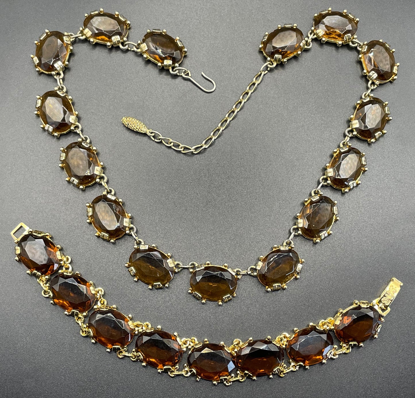 Vintage Sphinx smoky topaz glass riviere necklace and bracelet set, heavy, bezel set, open-backed stones in ornate settings