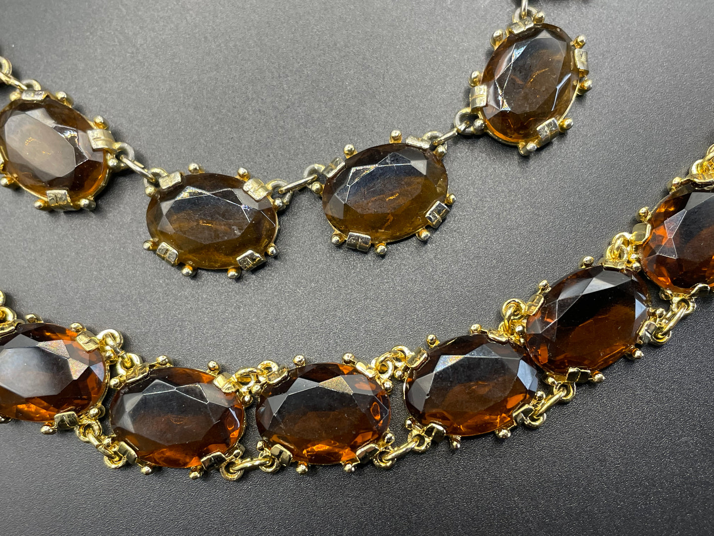 Vintage Sphinx smoky topaz glass riviere necklace and bracelet set, heavy, bezel set, open-backed stones in ornate settings