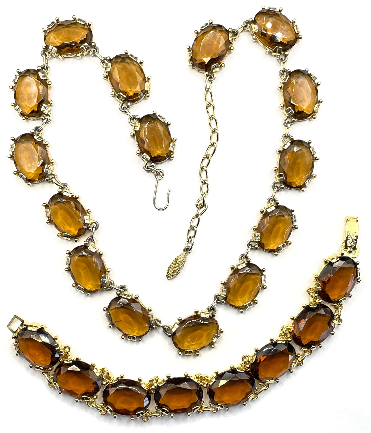 Vintage Sphinx smoky topaz glass riviere necklace and bracelet set, heavy, bezel set, open-backed stones in ornate settings