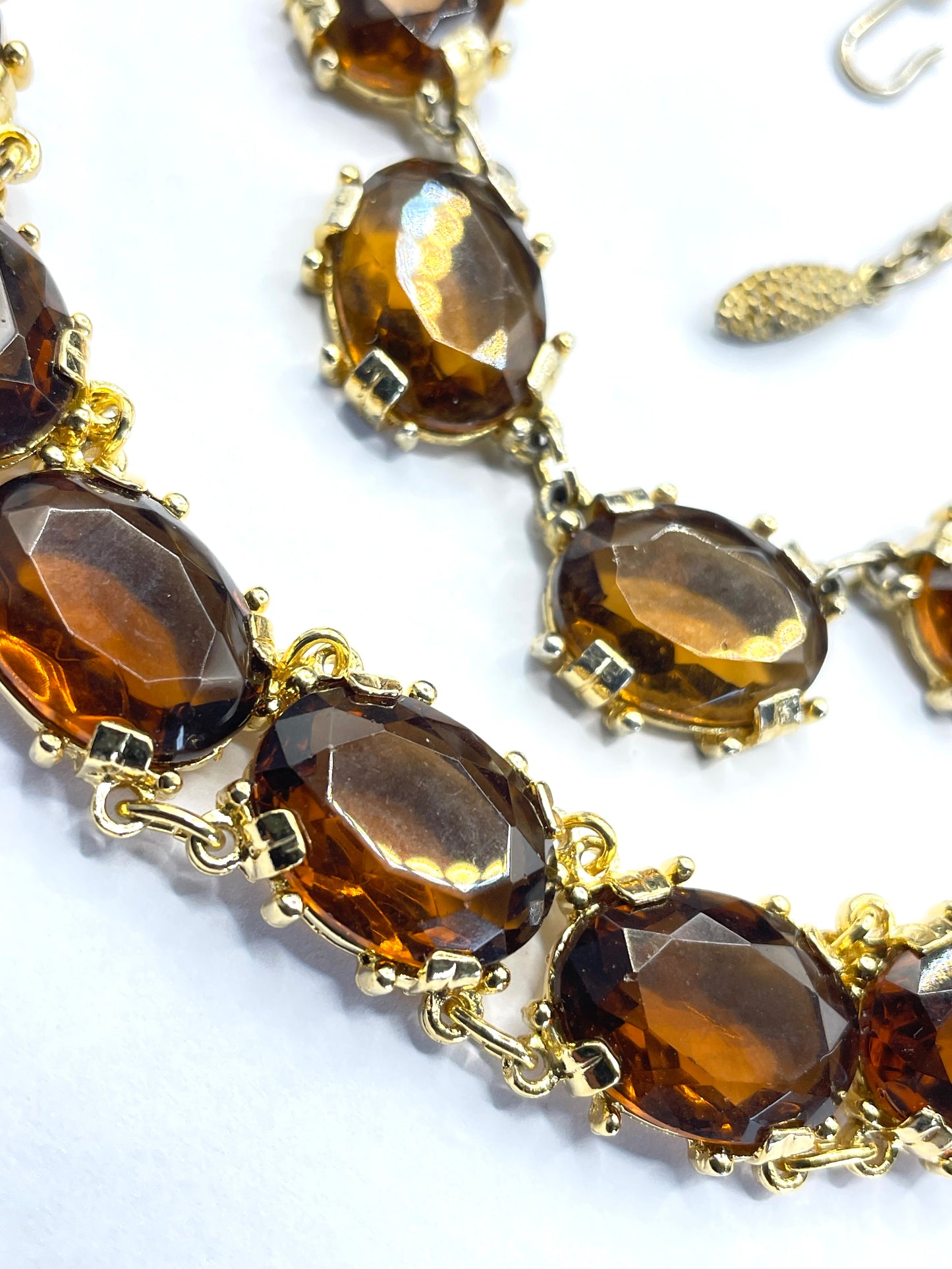 Vintage Sphinx smoky topaz glass riviere necklace and bracelet set, heavy, bezel set, open-backed stones in ornate settings