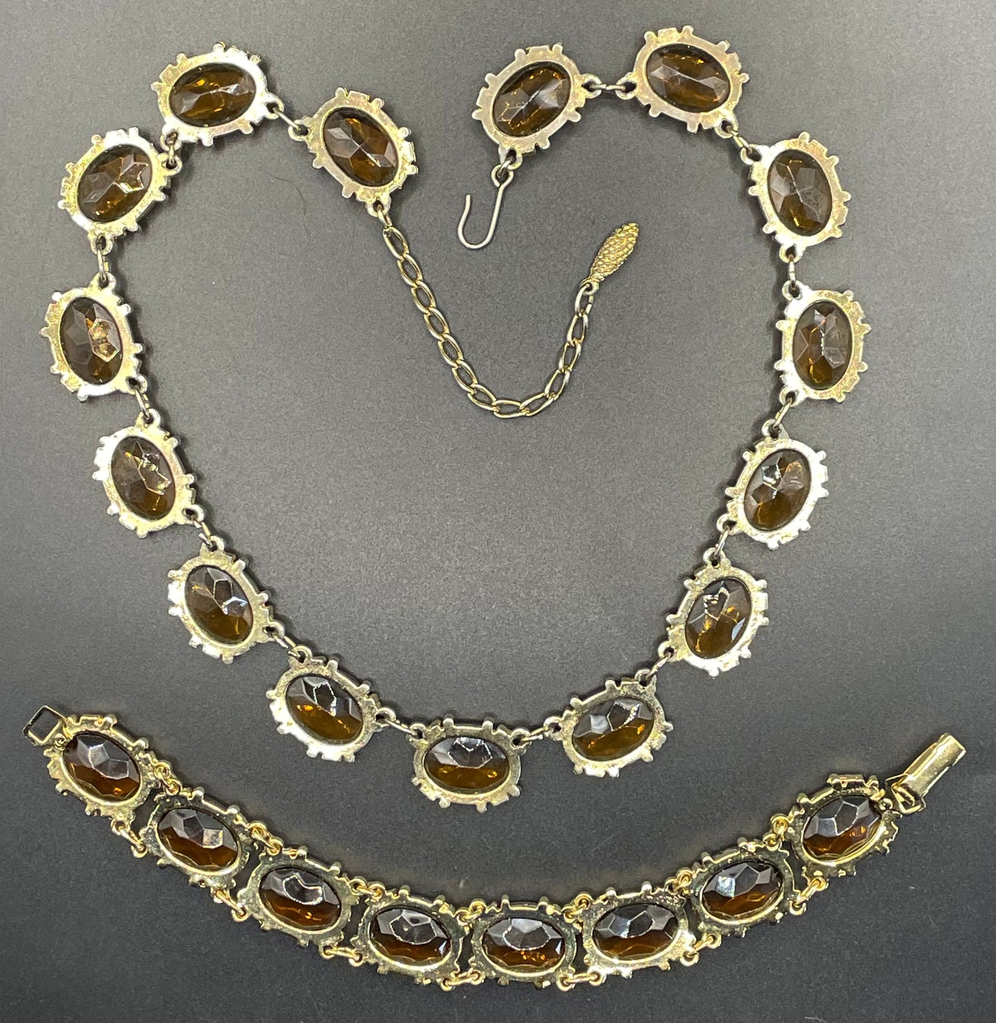 Vintage Sphinx smoky topaz glass riviere necklace and bracelet set, heavy, bezel set, open-backed stones in ornate settings