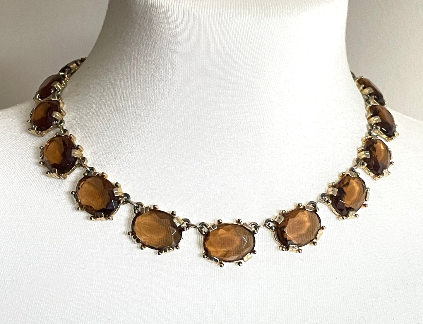 Vintage Sphinx smoky topaz glass riviere necklace and bracelet set, heavy, bezel set, open-backed stones in ornate settings