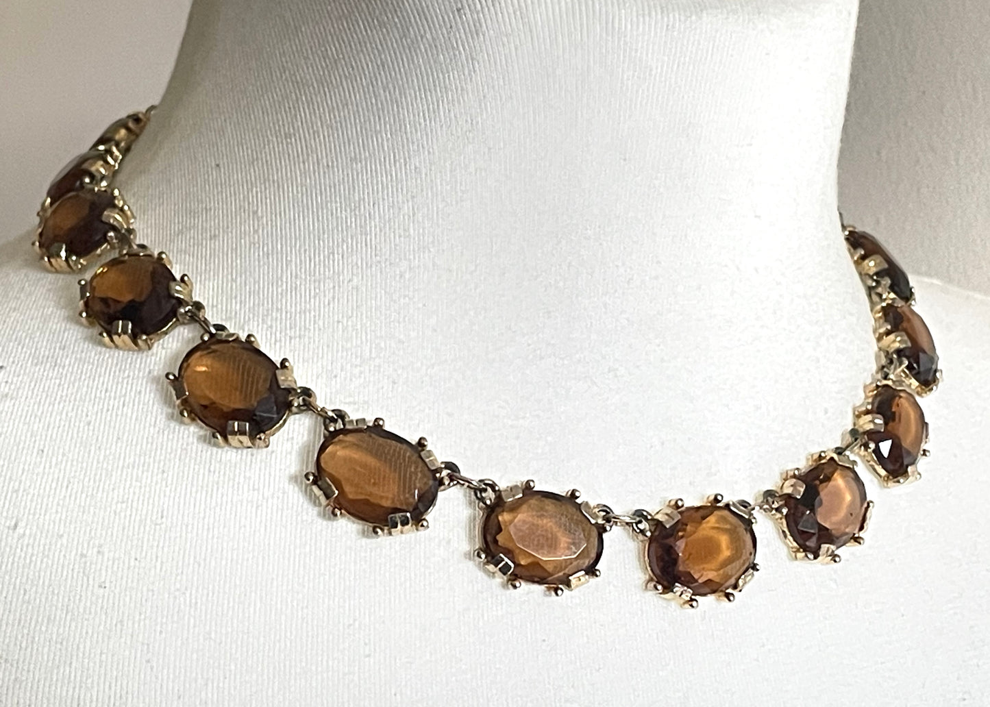 Vintage Sphinx smoky topaz glass riviere necklace and bracelet set, heavy, bezel set, open-backed stones in ornate settings