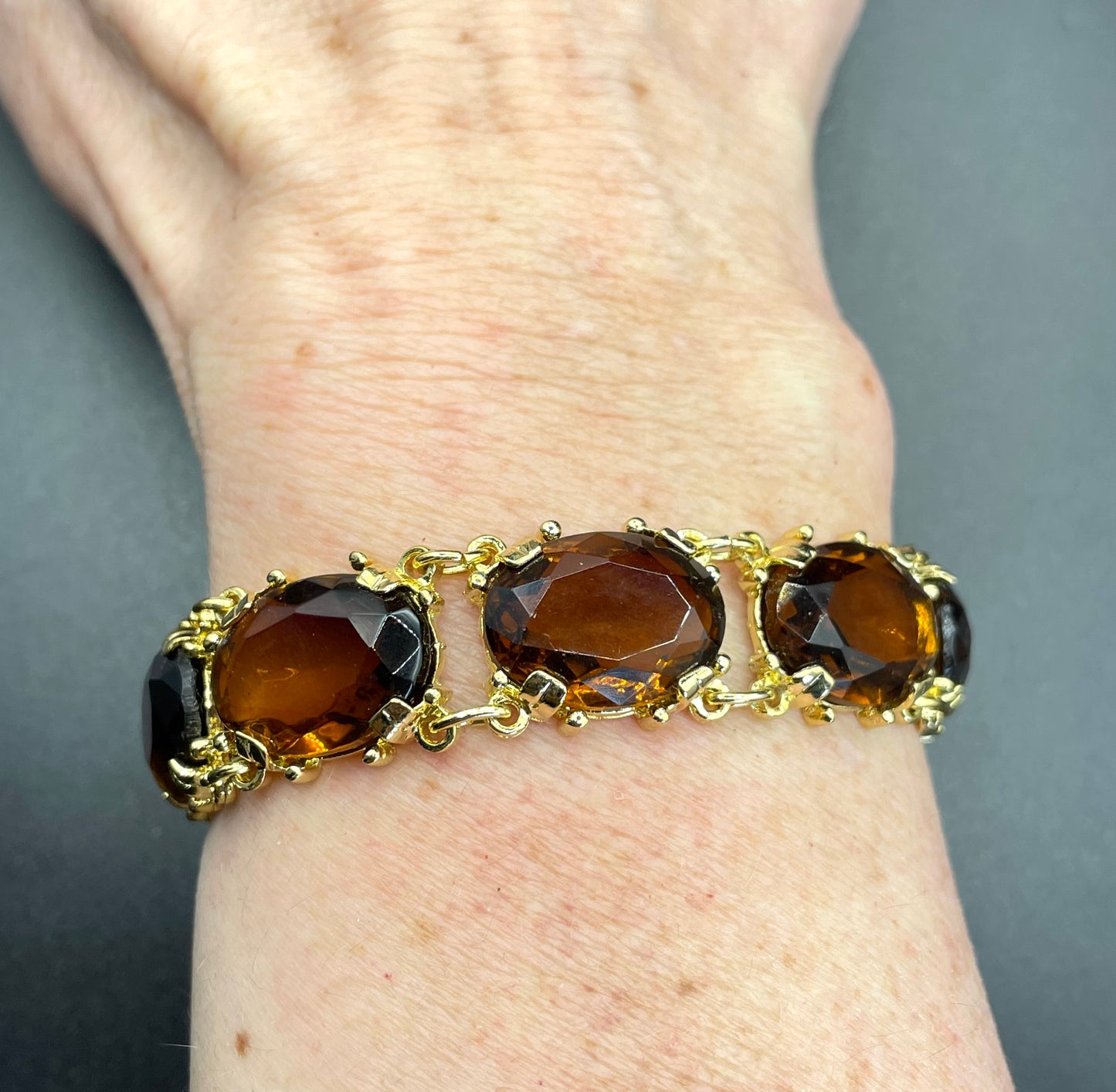 Vintage Sphinx smoky topaz glass riviere necklace and bracelet set, heavy, bezel set, open-backed stones in ornate settings