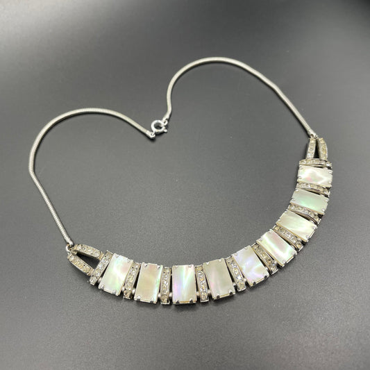 Vintage unsigned Esha Randel / Schreiber & Hiller Art Deco paste rhinestone and mother of pearl silver tone machine age necklace