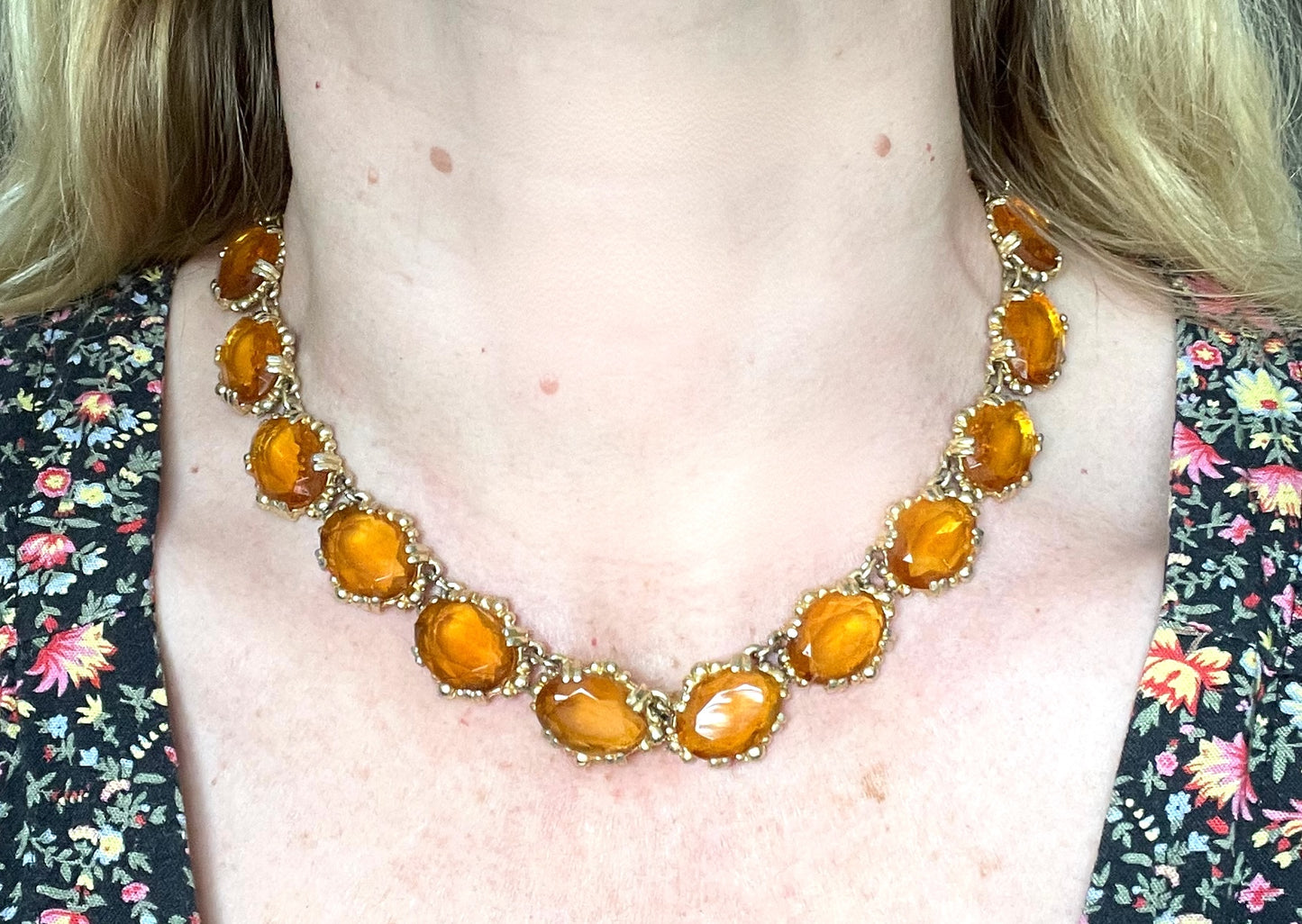 Vintage Sphinx orange citrine / topaz glass riviere necklace and bracelet set, heavy, bezel set, open-backed stones in ornate settings