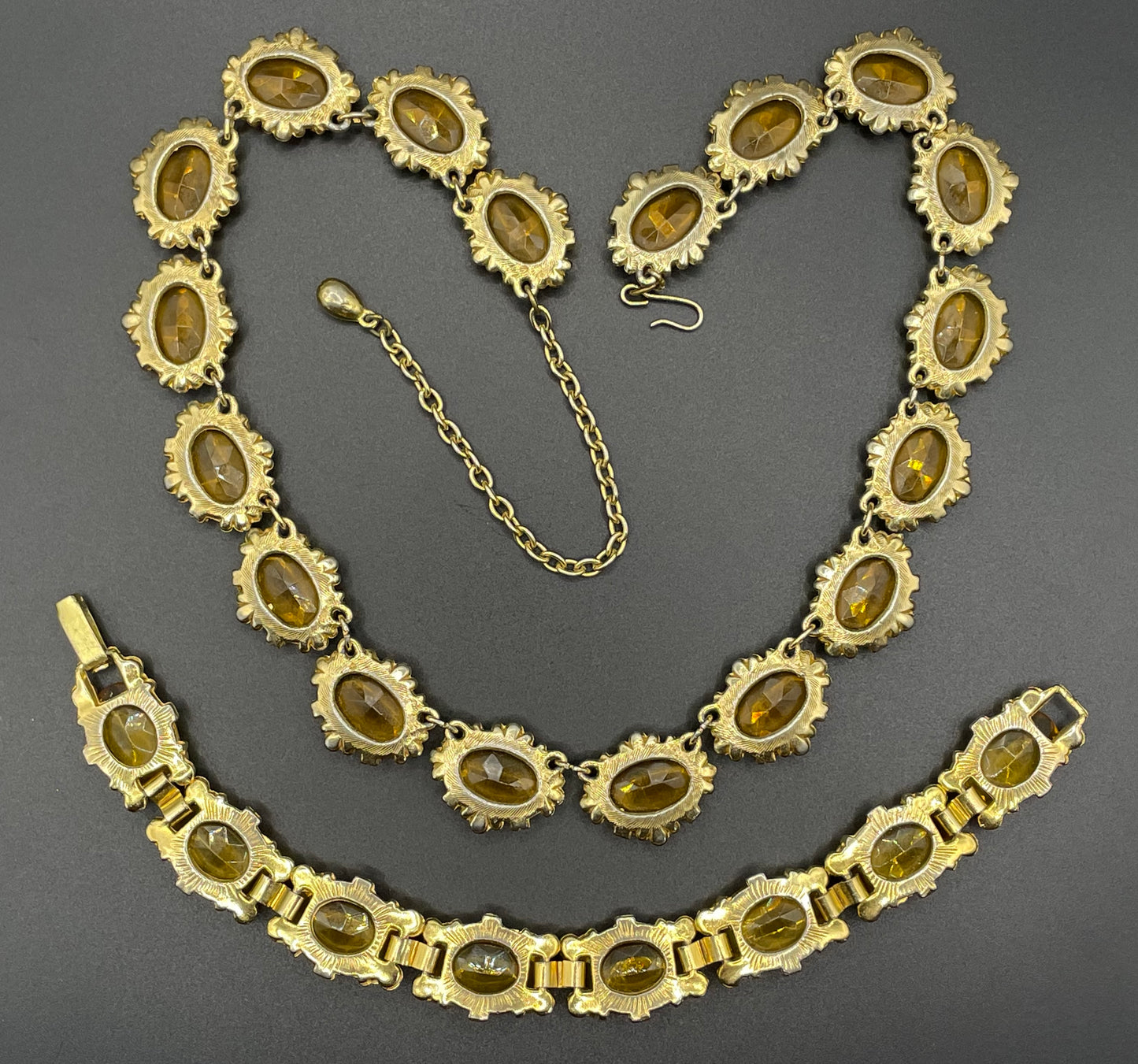 Vintage Sphinx orange citrine / topaz glass riviere necklace and bracelet set, heavy, bezel set, open-backed stones in ornate settings