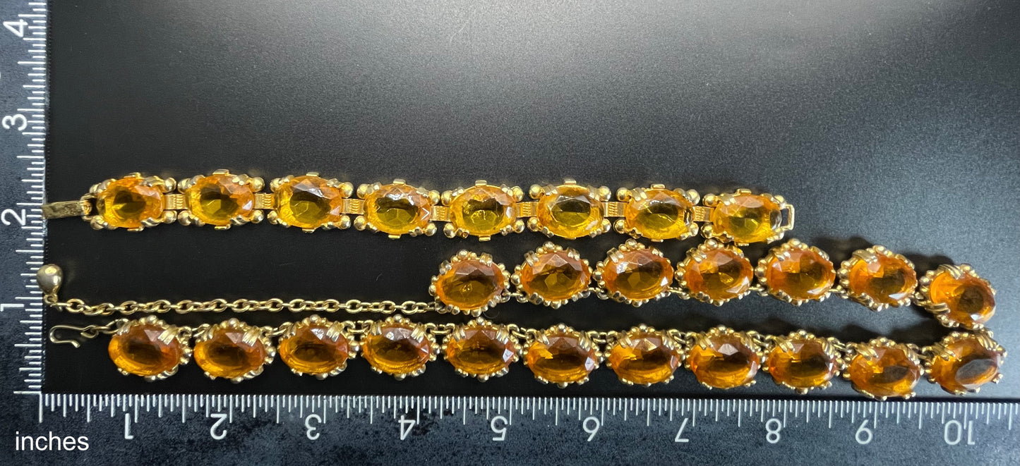 Vintage Sphinx orange citrine / topaz glass riviere necklace and bracelet set, heavy, bezel set, open-backed stones in ornate settings