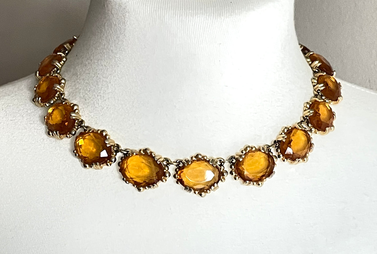 Vintage Sphinx orange citrine / topaz glass riviere necklace and bracelet set, heavy, bezel set, open-backed stones in ornate settings