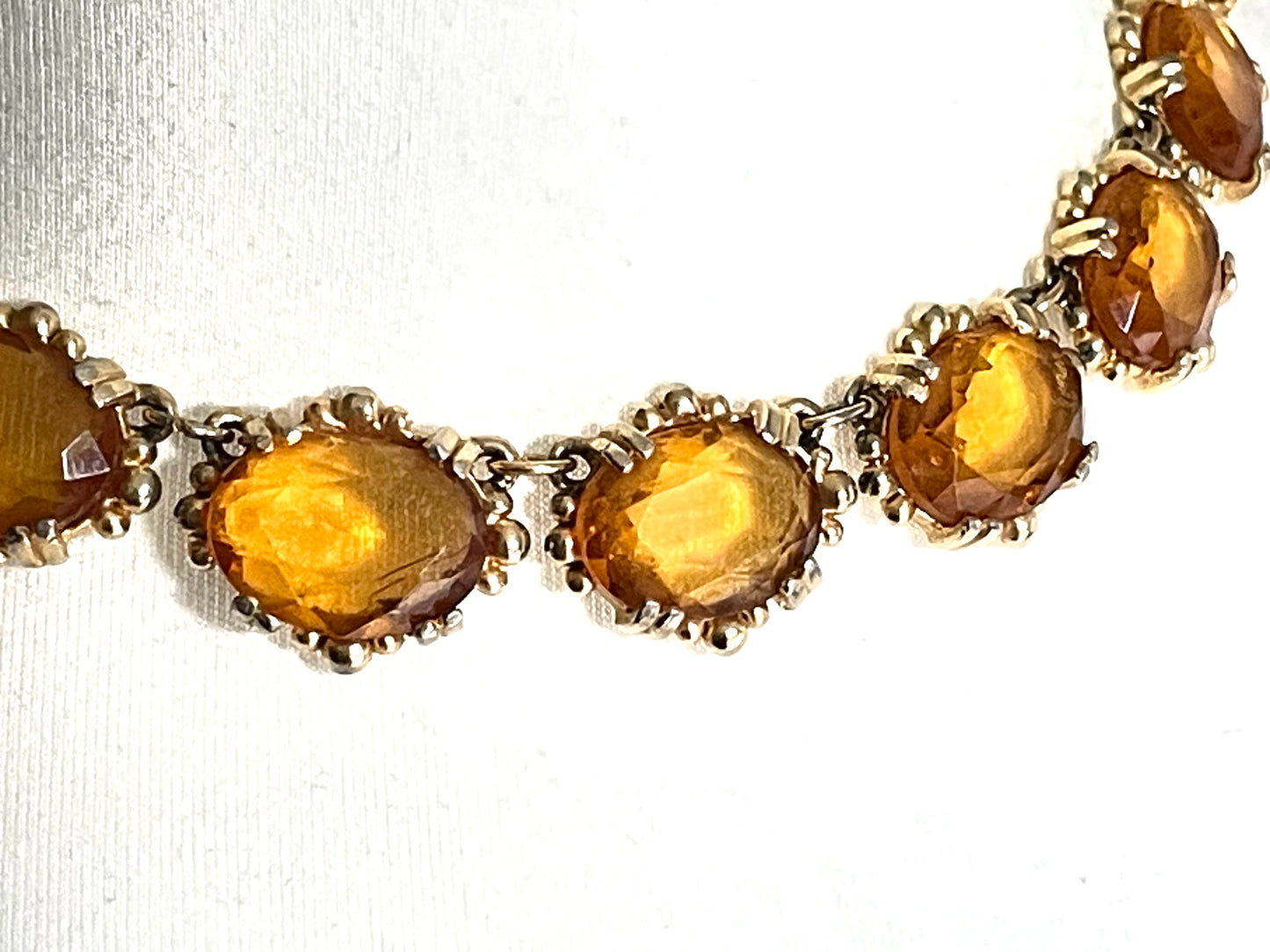 Vintage Sphinx orange citrine / topaz glass riviere necklace and bracelet set, heavy, bezel set, open-backed stones in ornate settings